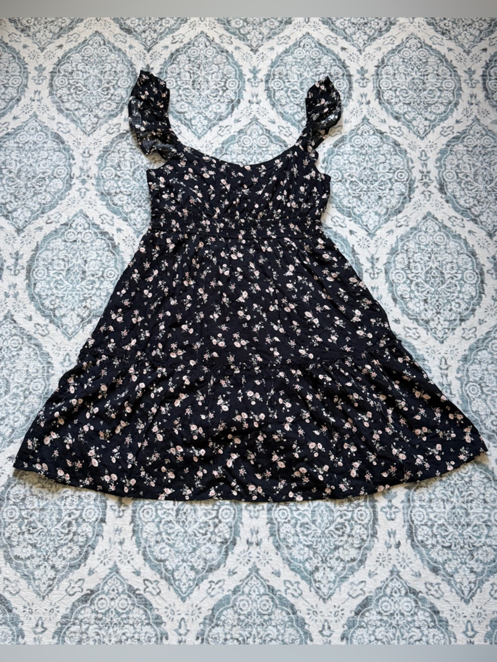 Pink Rose Black Floral Ruffle-Strap Dress